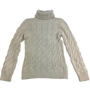 LL Bean Turtleneck Sweater Cream Cable Knit Pullover 278405 Wool Womens Small